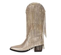 MJGkhiy Botas de mujer Texani Cowboy Western Camperos Botas con Flecos Botines Altos con Tacón de Bloqueo Zapatos Boots de Invierno Cálido Cuero Botín de Punta Marrones Negros, dorado, 40 EU