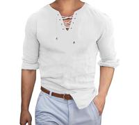 MJGkhiy Camisa de lino de los hombres de manga larga vintage cuello V camisetas más grandes elegante Henley Camiseta Hippie Camisetas Ropa Oferta Vacaciones, Color blanco., L