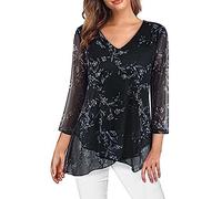 MJGkhiy Camisa de mujer elegante de ceremonia en gasa blusa de verano transpirable 3/4 manga camiseta top ligero con cuello en V blusa de moda con orlo irregular camisas con estampado floral, Color