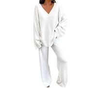 MJGkhiy Chándal de mujer completo de invierno de dos piezas Jersey de manga larga y pantalones de pierna ancha completos de lana elegante cómodos monos de suéter cálido conjunto otoño invierno