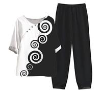 MJGkhiy Chándal de mujer elegante de algodón, tallas grandes, 2 piezas, manga corta, camiseta + pantalones largos, ligero, floral, cuello redondo, completo deportivo, elegante, ceremonia de playa,