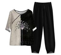 MJGkhiy Chándal de mujer elegante de algodón, tallas grandes, 2 piezas, manga corta, camiseta + pantalones largos, ligero, floral, cuello redondo, completo deportivo, elegante, ceremonia de playa,