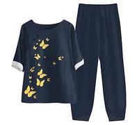 MJGkhiy Chándal de verano para mujer, elegante, tallas grandes, 2 piezas, manga corta, camisas con pantalón largo, curvado, pierna ancha, cuello redondo, conjuntos deportivos, monos elegantes largos