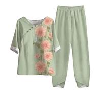 MJGkhiy Chándal mujer elegante algodón casual 2 piezas manga corta camisetas y pantalones largos cómodos impresión cuello redondo chándal mujer elegante largo playa, verde-1, S