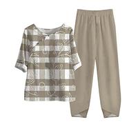 MJGkhiy Chándal mujer elegante algodón casual 2 piezas manga corta camisetas y pantalones largos cómodos impresión cuello redondo chándal mujer elegante largo playa, beige, M