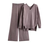 MJGkhiy Conjunto de chándal de mujer, completo de lana, 2 piezas, trabajados a mano, suéter y pantalones de pierna ancha, conjuntos de lana elegantes, casuales, coordinados, suaves, invierno, chandals