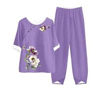 MJGkhiy Conjunto de verano para mujer, elegante, informal, de dos piezas, de manga corta, camiseta + pantalones largos, cómodos, pierna ancha, cuello redondo, deportivo, elegante y largo, Rosa, S