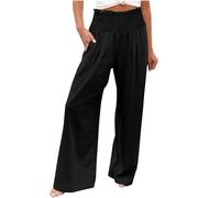 MJGkhiy Pantalones de Lino Mujer Verano Curvy Ligeros Algodón Pantalones Largos con Bolsillos Casual Largos Rectos Pierna Ancha Pantalones Palacio Suaves Color Sólido Trousers Playa, Negro , XL