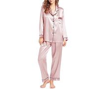 MJGkhiy Pijama de mujer de raso de seda largo curvy elegante abierto por delante camisa con botones y pantalones largos pijamas dos piezas suave otoñal ligero Pajamas de casa manga larga conjunto de