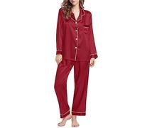 MJGkhiy Pijama de mujer de raso de seda largo curvy elegante abierto por delante camisa con botones y pantalones largos pijamas dos piezas suave otoñal ligero Pajamas de casa manga larga conjunto de