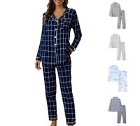 MJGkhiy Pijama mujer invierno elegante algodón manga larga camisa con botones y pantalones largos pijamas dos piezas cómodo suave abierto frente conjunto de noche otoño ligero largo pajamas de casa