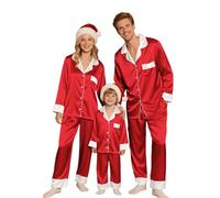 MJGkhiy Pijama Navidad Familia a juego de pijama de seda a juego par Navidad dos piezas manga larga camisa con botones y pantalones largos conjunto pijamas navideños familia para mamá papá recién
