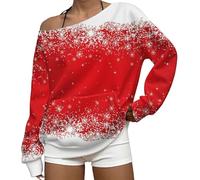MJGkhiy Sudadera de mujer con diseño navideño rojo, suéteres navideños para la familia, cómodos, cuello redondo, sin capucha, sin capucha, sin hombros, camiseta de Papá Noel, ropa de Navidad fea
