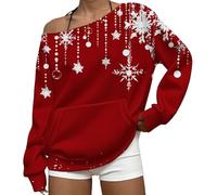 MJGkhiy Sudadera de mujer con diseño navideño rojo, suéteres navideños para la familia, cómodos, cuello redondo, sin capucha, sin capucha, sin hombros, camiseta de Papá Noel, ropa de Navidad fea