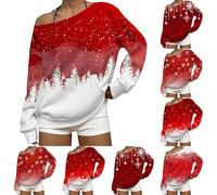 MJGkhiy Sudadera de mujer con diseño navideño rojo, suéteres navideños para la familia, cómodos, cuello redondo, sin capucha, sin capucha, sin hombros, camiseta de Papá Noel, ropa de Navidad fea
