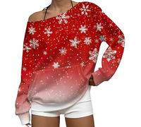 MJGkhiy Sudadera de mujer con diseño navideño rojo, suéteres navideños para la familia, cómodos, cuello redondo, sin capucha, sin capucha, sin hombros, camiseta de Papá Noel, ropa de Navidad fea
