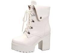 MJIASIAWA Mujer Clásica Tacón Chunky Cordones Biker Plataforma Boots Punta Redonda Invierno Casual Warm Tacón Ancho Exterior Botines Blanco Talla 34 EU