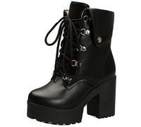 MJIASIAWA Mujer Clásica Tacón Chunky Cordones Biker Plataforma Boots Punta Redonda Invierno Casual Warm Tacón Ancho Exterior Botines Negro Talla 40 EU/41 Asiática