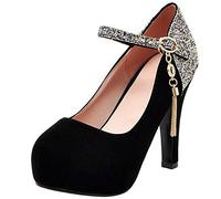 MJIASIAWA Mujer Closed Toe Boda Noche Vestido Tacón De Aguja Plataforma Pump Sequins Bride Tacón Alto Zapatos Correa De Tobillo Negro Talla 37 EU/38 Asiática