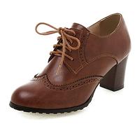 MJIASIAWA Mujer Cordones Closed Toe Casual Clásica Brogue Tacón Ancho Pump Oficina Formal Trabajo Formal Oxford Retro Zapatos Marrón Talla 37 EU/38 Asiática