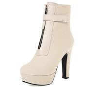 MJIASIAWA Mujer Plataforma Tacón Alto Invierno Moda Cremallera Botines Punta Redonda Tacón Ancho Fiesta Prom Warm Biker Botines Chelsea Beige Talla 44 EU/46 Asiática