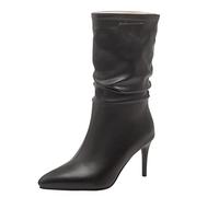 MJIASIAWA Mujer Puntiagudo Media Pierna Botas Plisadas Tacón Alto Invierno Warm Tacón De Aguja Boda Zapatos Bride Sin Cordones Prom Botines Negro Talla 38 EU/39 Asiática