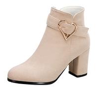 MJIASIAWA Mujer Tacón Ancho Boda Vestido Invierno Warm Botines Cremallera Hebilla Elegante Bridesmaid Tacón Alto Botines Chelsea Beige Talla 38 EU/39 Asiática