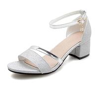 MJIASIAWA Mujer Verano Boda Tacón Ancho Sequins Vestido Sandalias Punta Abierta Comodo Noche Correa De Tobillo Sandalias Zapatos Plateado Talla 36.5 EU/37 Asiática