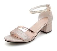 MJIASIAWA Mujer Verano Boda Tacón Ancho Sequins Vestido Sandalias Punta Abierta Comodo Noche Correa De Tobillo Sandalias Zapatos Oro Talla 40 EU/41 Asiática