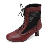 MJIASIAWA Mujer Verano Punta Rojoonda Comodo Kitten Botas Botas de Invierno Vintage Gladiator Boda Sequins Botas Cortas Vino Rojo Talla 32 EU