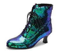 MJIASIAWA Mujer Verano Punta Rojoonda Comodo Kitten Botas Botas de Invierno Vintage Gladiator Boda Sequins Botas Cortas Verde Talla 35 EU