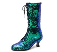 MJIASIAWA Mujer Verano Punta Rojoonda Comodo Kitten Botas Botas de Invierno Vintage Gladiator Boda Sequins Botas Cortas Verde Talla 35 EU