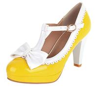 MJIASIAWA T Strap Mary Jane Mujer Closed Toe Bows Plataforma Tacón Alto Pump Boda Fiesta Noche Vestido Bride Zapatos Amarillo Talla 37 EU/38 Asiática