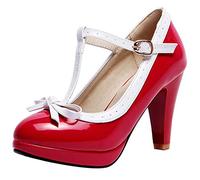 MJIASIAWA Tacón Alto Mary Jane Mujer T Strap Bridal Plataforma Pump Bows Closed Toe Bridesmaid Formal Vestido Zapatos Rojo Talla 37 EU/38 Asiática