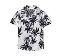 Mjjsk Camisas hawaianas de manga corta con botones para niños, diseño de árbol de coco tropical, camisas divertidas, floral, playa, vacaciones, verano, A20, Negro, 10-11 años