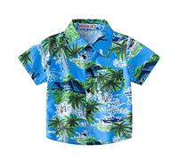 Mjjsk Camisas hawaianas de manga corta para niños, camisa con botones para niños, diseño de árbol de coco tropical, camisas divertidas, floral, playa, vacaciones, verano, talla A25, verde, 5-6 años