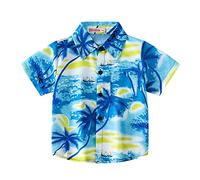 Mjjsk Camisas hawaianas de manga corta para niños, camisa con botones para niños, diseño de árbol de coco tropical, camisas divertidas, floral, playa, vacaciones, verano, talla A25, azul, 6-7 años