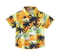 Mjjsk Camisas hawaianas de manga corta para niños, camisa con botones para niños, diseño de árbol de coco tropical, camisas divertidas, floral, playa, vacaciones, verano, talla A25, amarillo, 3-4 años