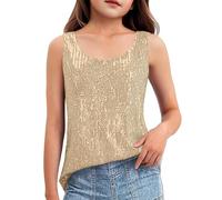 Mjjsk Camiseta sin mangas brillante con lentejuelas para niñas, cuello redondo, para verano, fiesta, baile, escenario, dorado, 8-9 años