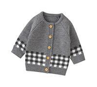 Mjjsk Cárdigan de punto de manga larga con botones a cuadros para bebés y niñas, casual, a la moda, cálido, abrigo, suéter de punto para niños, gris, 3-6 meses