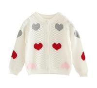 Mjjsk Cárdigan de punto de manga larga con botones y estampado de corazón para niñas, chaqueta de punto casual a la moda, abrigo cómodo y suave para niños, blanco, 2-3 años