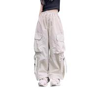 Mjjsk Pantalones cargo holgados para niñas, pantalones deportivos de paracaídas vintage, pierna ancha, cintura elástica, pantalones casuales para la escuela, ropa de calle de moda, caqui, 12-13 años