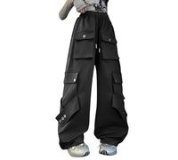 Mjjsk Pantalones cargo para niñas, cintura alta, holgados, de pierna ancha, informales, a la moda, pantalones escolares con múltiples bolsillos, ropa de calle para adolescentes, Negro, 12-13 años
