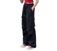 Mjjsk Pantalones cargo para niñas, cintura elástica, holgados, de pierna ancha, con múltiples bolsillos, casuales, ligeros, pantalones de paracaídas para niños, ropa de calle de moda, B-2-negro, 6-7