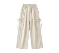 Mjjsk Pantalones cargo para niñas, de pierna ancha, elásticos, cintura alta, casuales, holgados, ligeros, de verano, para bailar, ropa de calle para niños, beige, 9-10 años