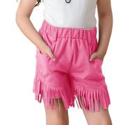 Mjjsk Pantalones cortos de gamuza para niñas, vintage, con flecos, estilo vaquero, bohemios, con borlas, con bolsillos, estilo retro de los años 70, ropa de calle, hot pink, 13-14 años