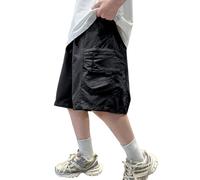 Mjjsk Pantalones cortos tipo cargo para niños, holgados, de verano, ligeros, casuales, sueltos, cintura elástica, bolsillos, ropa de calle a la moda, Y-2-negro, 13-14 años