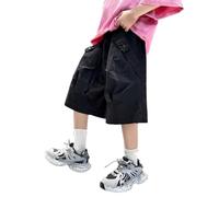 Mjjsk Pantalones cortos tipo cargo para niños, holgados, de verano, ligeros, casuales, sueltos, cintura elástica, bolsillos, ropa de calle a la moda, Y-6-negro, 11-13 años