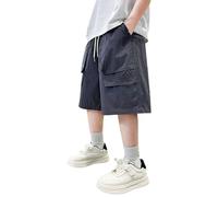 Mjjsk Pantalones cortos tipo cargo para niños, holgados, de verano, ligeros, casuales, sueltos, cintura elástica, bolsillos, ropa de calle a la moda, Y-5-gris, 13-14 años