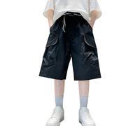 Mjjsk Pantalones cortos tipo cargo para niños, holgados, de verano, ligeros, casuales, sueltos, cintura elástica, bolsillos, ropa de calle a la moda, Y-3-negro, 13-14 años